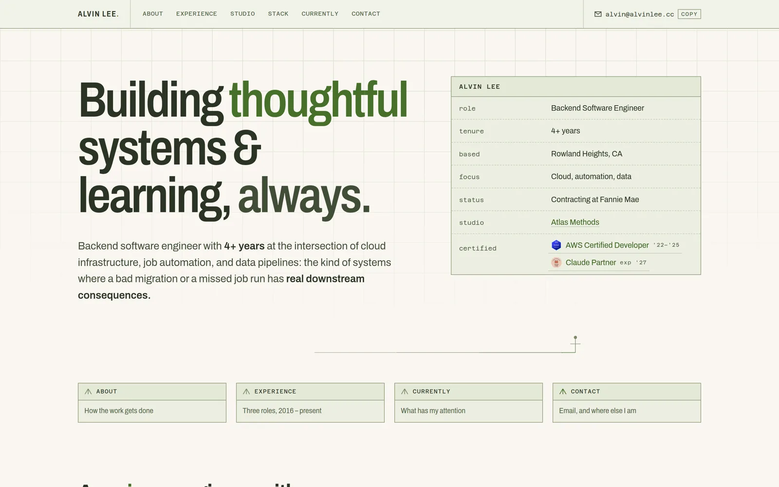 The alvinlee.cc homepage on a desktop screen: a large headline beside a bordered table listing role, tenure, location, focus, and certifications.