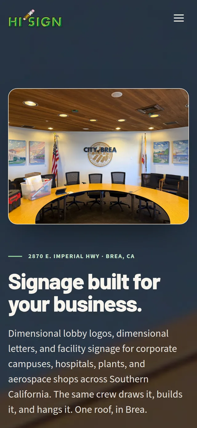 The same Hi Sign homepage on a phone, with the navigation collapsed to a menu button and the layout stacked into one column.